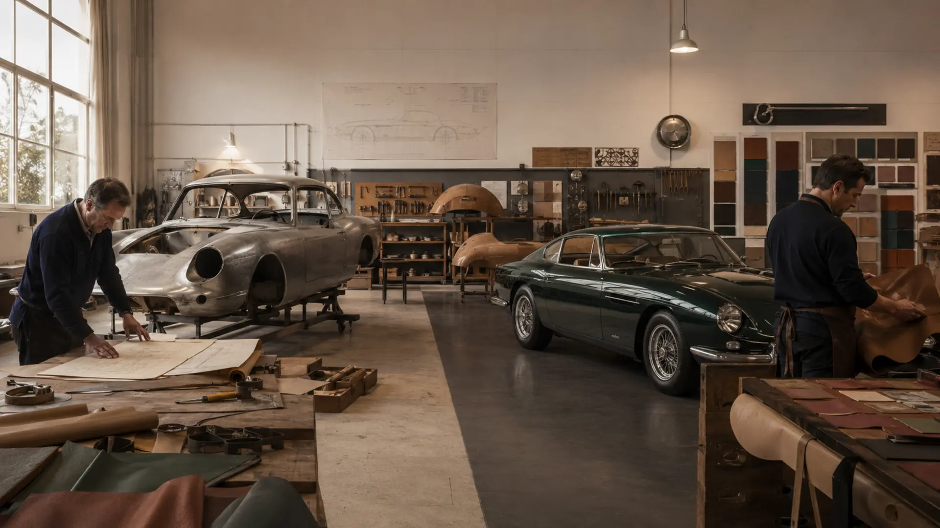 Coachbuilt motorcar in an atelier