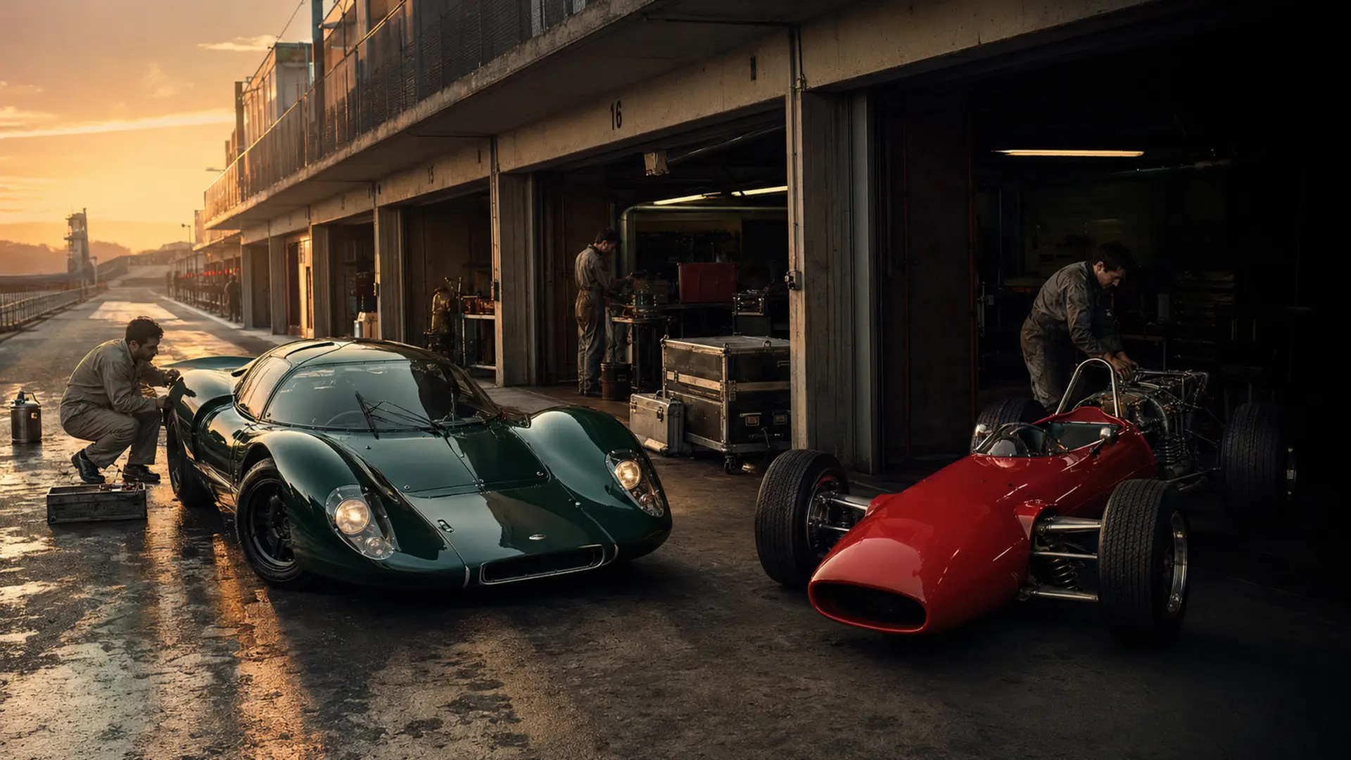 Historic competition cars in a pit lane