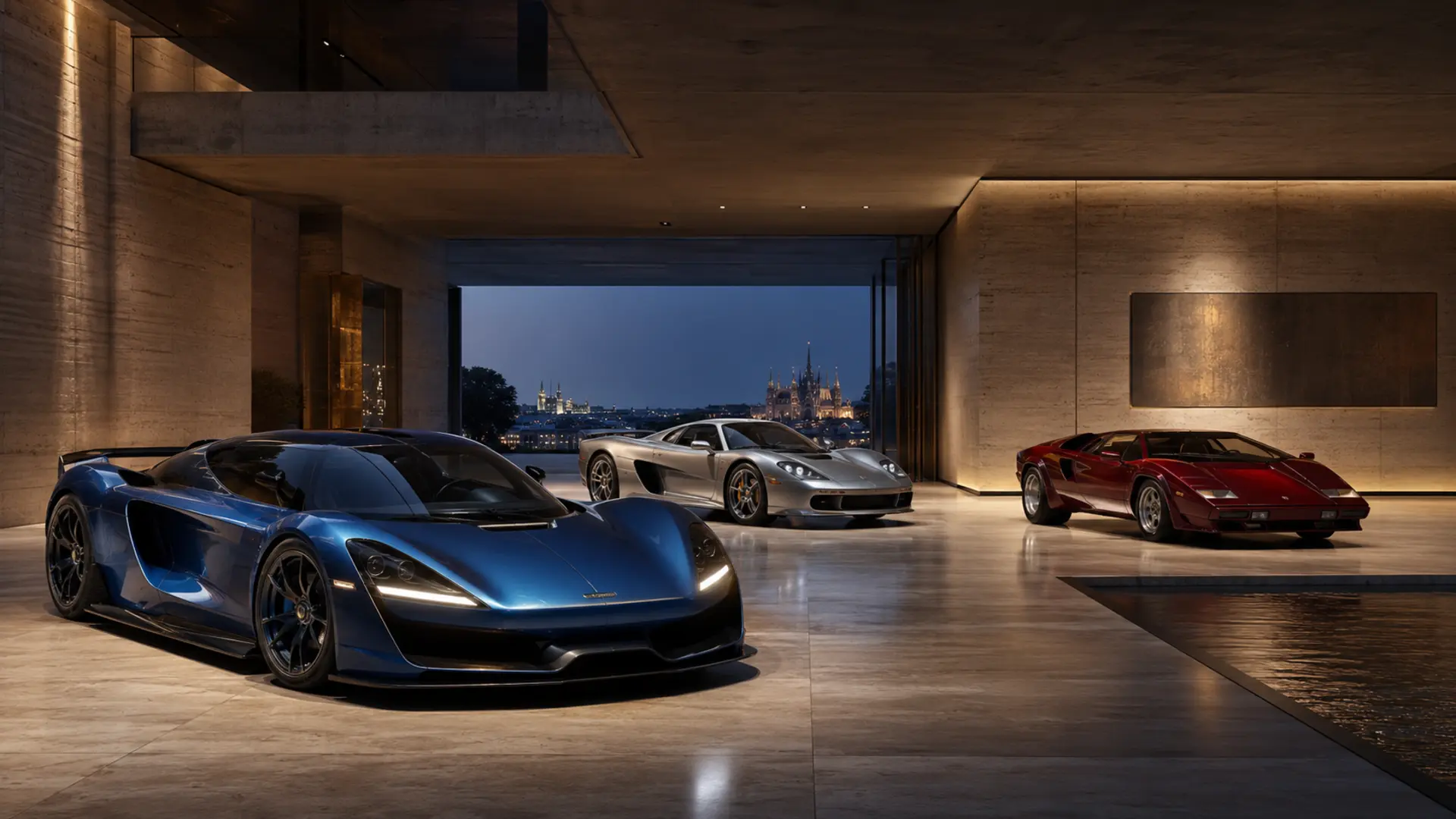 Contemporary collector cars displayed in a restrained gallery