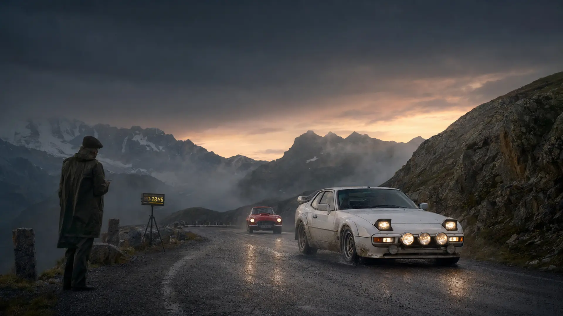 Classic rally motorcar in the Alps